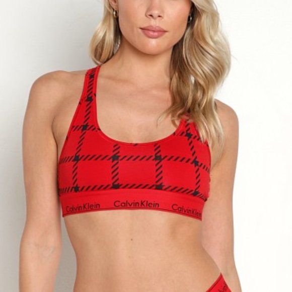 Calvin Klein Modern Cotton Bralette Window Pane Rustic Red - Picture 1 of 3